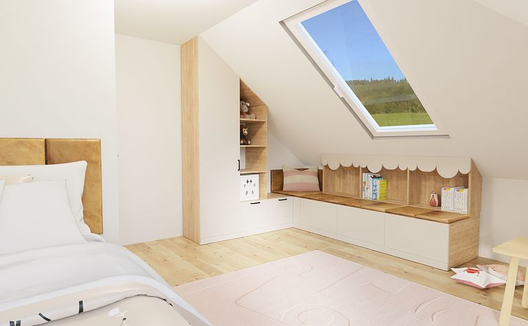 Wnętrze pokoju dziecięcego z jasnymi meblami i drewnianymi detalami, nowoczesny design.