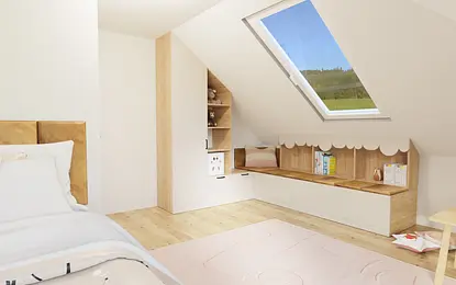 Wnętrze pokoju dziecięcego z jasnymi meblami i drewnianymi detalami, nowoczesny design.
