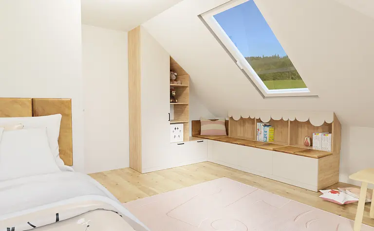 Wnętrze pokoju dziecięcego z jasnymi meblami i drewnianymi detalami, nowoczesny design.