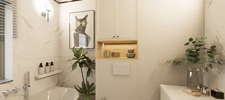 Nowoczesna łazienka z białymi płytkami, drewnianymi detalami i roślinami.