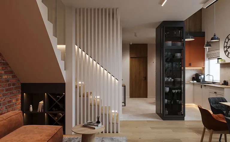 Salon w stylu industrialnym i nowoczesnym z brązową kanapą, drewnianą podłogą i ceglaną ścianą.