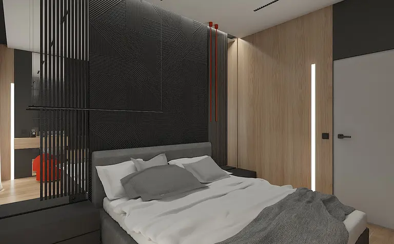 Wnętrze sypialni z minimalistycznym designem, nowoczesnymi elementami, soft minimalizmem i drewnianymi akcentami.