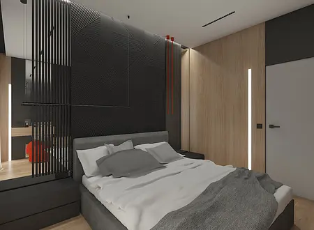 Wnętrze sypialni z minimalistycznym designem, nowoczesnymi elementami, soft minimalizmem i drewnianymi akcentami.