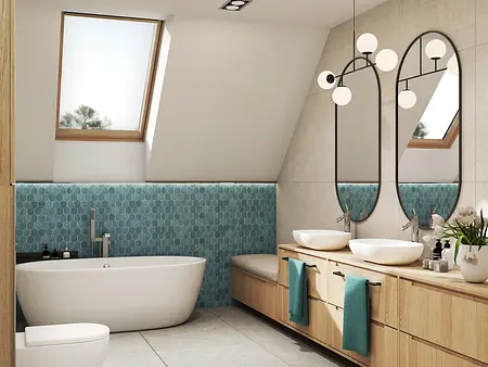 Wnętrze łazienki w stylu japandi i współczesnym, z wanną i lustrami.