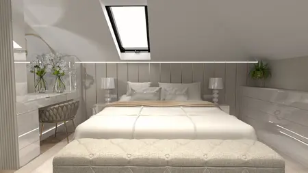 Wnętrze sypialni w stylu glamour i nowoczesnym, z białym łóżkiem i eleganckimi dodatkami.