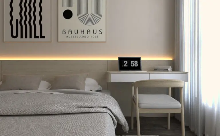 Sypialnia w stylu boho, eklektycznym, japandi i minimalistycznym z jasnym łóżkiem.