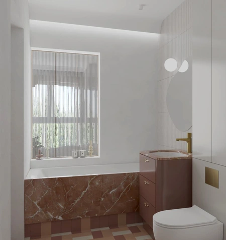 Wnętrze łazienki z elementami art deco, vintage i soft minimalizmu.