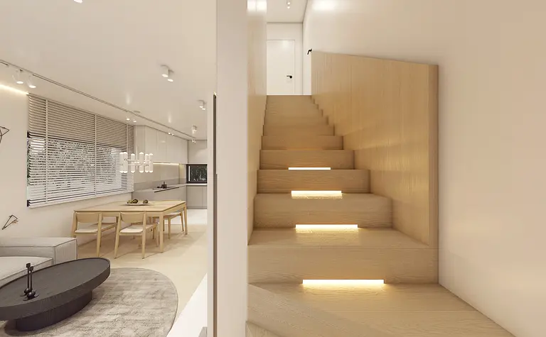 Wnętrze domu z minimalistycznym designem, drewniane schody i jadalnia, styl japandi i skandynawski.