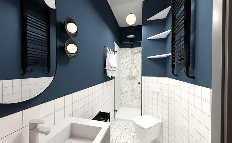 Łazienka w stylu dopamine decor z niebieskimi ścianami, białymi kaflami i nowoczesnymi dodatkami.