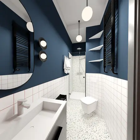 Łazienka w stylu dopamine decor z niebieskimi ścianami, białymi kaflami i nowoczesnymi dodatkami.