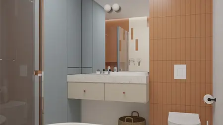 Wnętrze nowoczesnej łazienki z niebieskimi i pomarańczowymi akcentami, styl dopamine decor, eklektyczny.