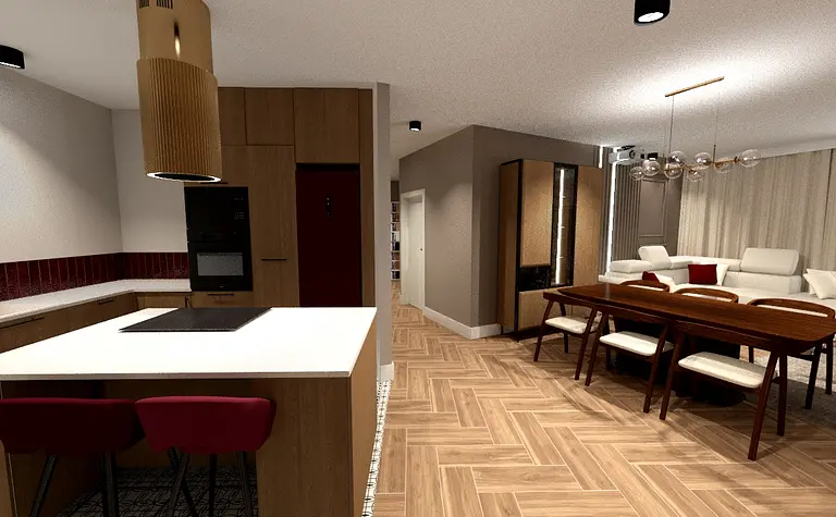 Wnętrze kuchni w stylu eklektycznym z drewnianymi meblami i białym blatem.