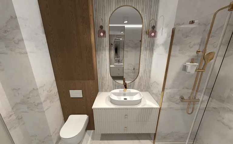 Wnętrze łazienki z białą umywalką i drewnianymi detalami, nowoczesny design.