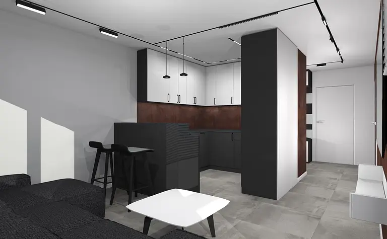 Wnętrze kuchni z białymi meblami i industrialnymi akcentami, styl minimalistyczny i skandynawski.