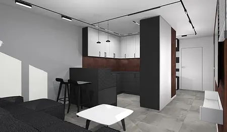 Wnętrze kuchni z białymi meblami i industrialnymi akcentami, styl minimalistyczny i skandynawski.