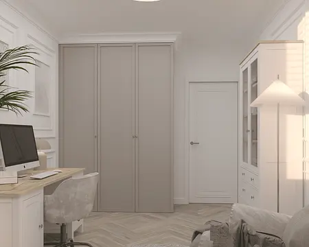 Nowoczesny gabinet w stylu quiet luxury z białymi meblami i szarymi detalami.