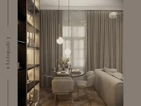 Wnętrze jadalni z elementami vintage i quiet luxury, okrągły stół, szare zasłony.