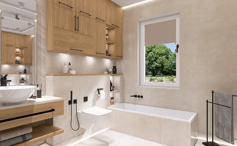 Nowoczesna łazienka z drewnianymi meblami i wanną, w stylu glamour.