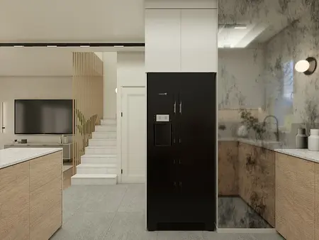Nowoczesna kuchnia w stylach boho i minimalistycznym z czarną lodówką i drewnianymi meblami.