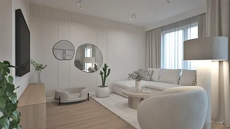 Wnętrze salonu w stylu boho i skandynawskim z jasnymi meblami i roślinami.