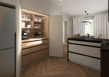 Wnętrze kuchni minimalistycznej z drewnianymi meblami i nowoczesnymi dodatkami.