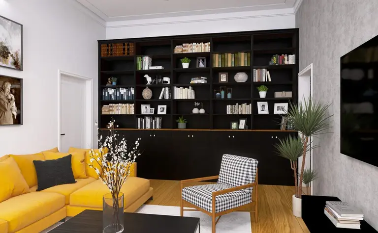 Wnętrze salonu z żółtą sofą, czarną biblioteczką i roślinami, styl boho i industrialny.