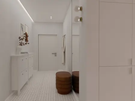 Przedpokój w stylu minimalistycznym, vintage, współczesnym z białymi meblami i brązowymi siedziskami.