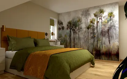 Sypialnia w stylu boho z zielonymi detalami, rustykalnymi akcentami i minimalistycznym wystrojem.