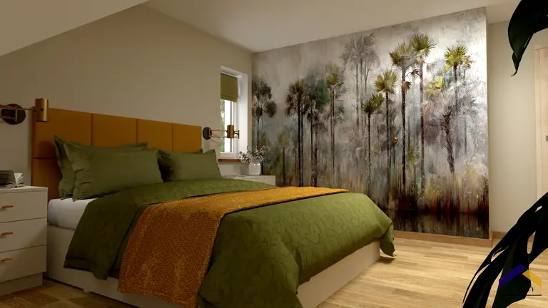 Sypialnia w stylu boho z zielonymi detalami, rustykalnymi akcentami i minimalistycznym wystrojem.