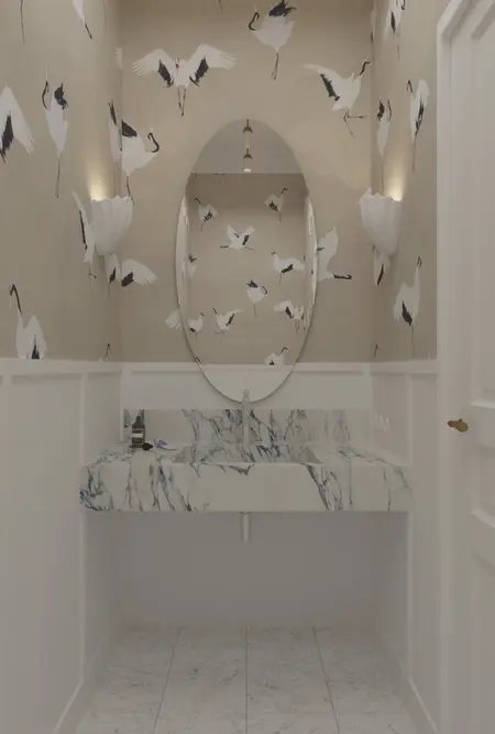 Wnętrze łazienki z marmurową umywalką i ścianą w ptaki, styl art deco, minimaluxe, quiet luxury.