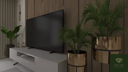 Nowoczesny salon z telewizorem, roślinami i drewnianą ścianą.