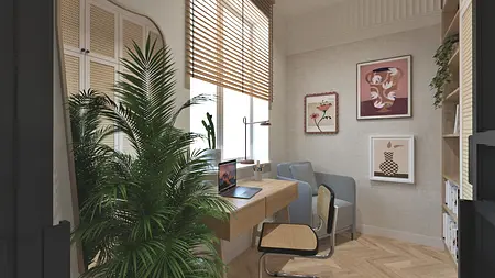 Wnętrze gabinetu z biurkiem, roślinami i minimalistycznymi akcentami. Styl boho, japandi, skandynawski.