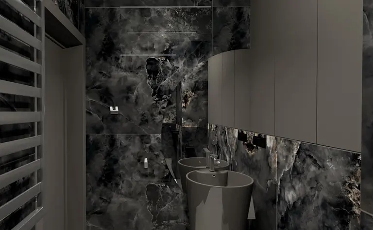 Nowoczesna łazienka w stylu industrialnym z ciemnymi elementami i eleganckimi wykończeniami.