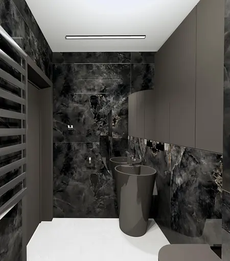 Nowoczesna łazienka w stylu industrialnym z ciemnymi elementami i eleganckimi wykończeniami.