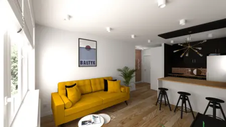 Stylowe wnętrze salonu z żółtą sofą i czarną kuchnią w stylu minimalistycznym i skandynawskim.
