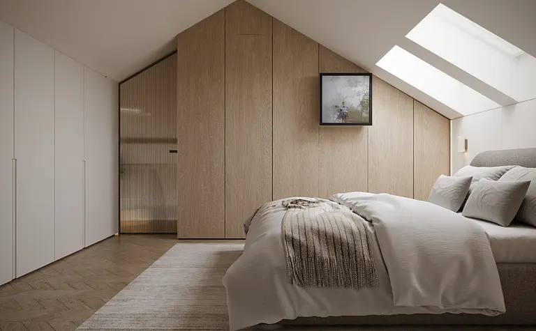Sypialnia z elementami japandi, minimalistycznymi i skandynawskimi
