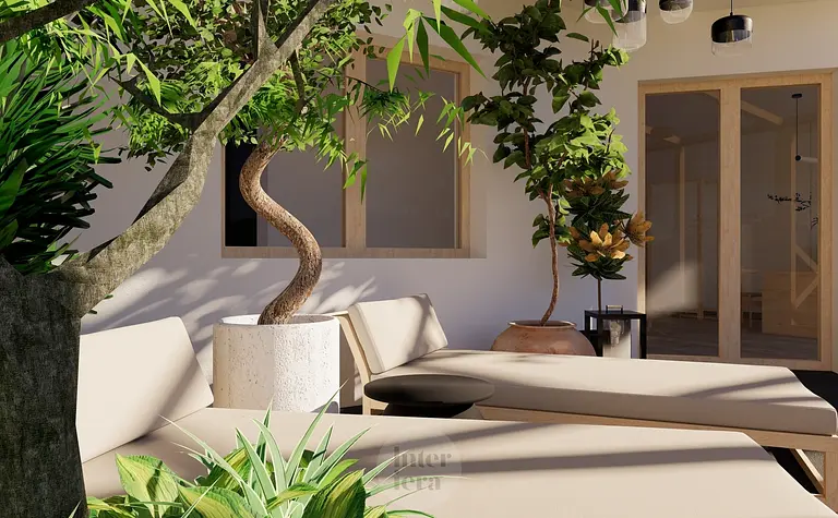 Wnętrze tarasu w stylu japandi i minimalistycznym z roślinami i meblami.