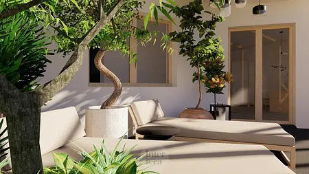 Wnętrze tarasu w stylu japandi i minimalistycznym z roślinami i meblami.