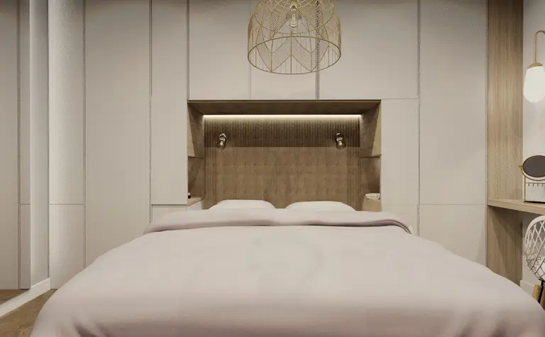 Sypialnia minimalistyczna z beżowym łóżkiem i drewnianymi detalami.