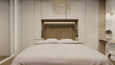 Sypialnia minimalistyczna z beżowym łóżkiem i drewnianymi detalami.