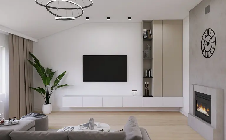 Nowoczesny salon w stylu skandynawskim z białą sofą i kominkiem.