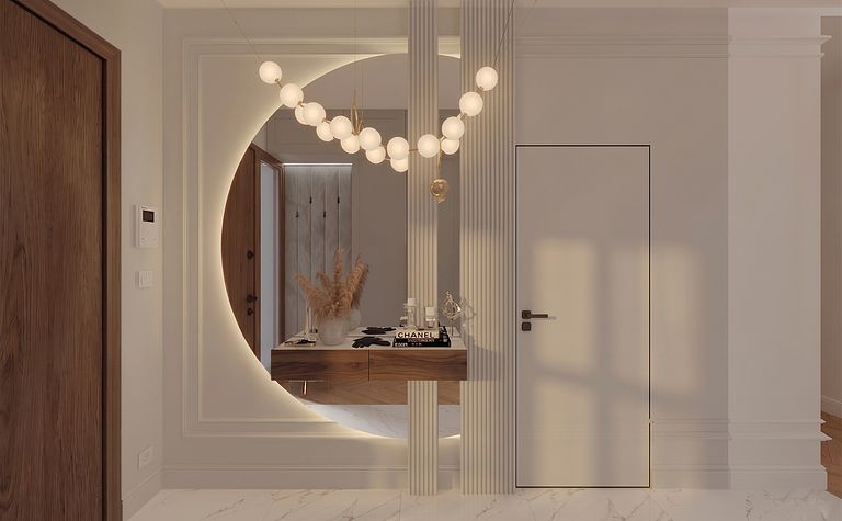 Przedpokój z lustrzanym panelem, drewnianym stolikiem i lampą w stylu dopamine decor