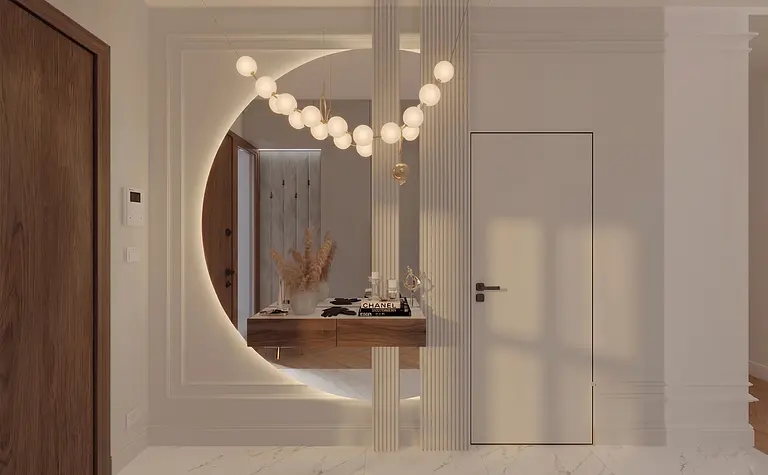 Przedpokój z lustrzanym panelem, drewnianym stolikiem i lampą w stylu dopamine decor