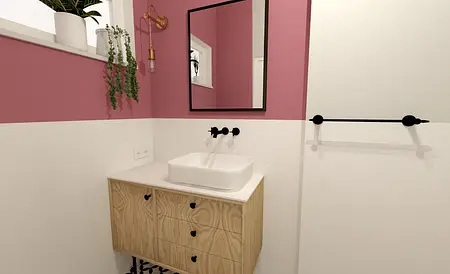 Współczesna łazienka z różowymi ścianami i drewnianą szafką, umywalką i roślinami.