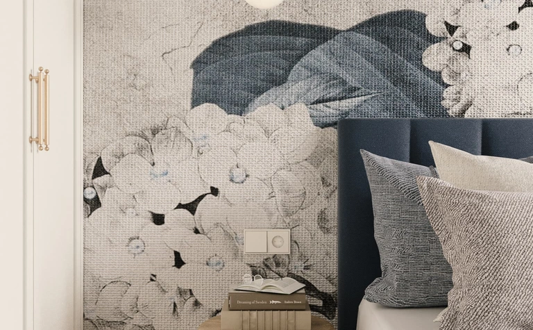 Wnętrze sypialni w stylu eklektycznym z nowoczesnymi detalami.