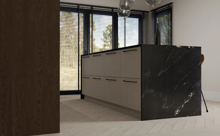 Wnętrze kuchni z minimalistycznymi meblami, nowoczesny design, brązowe akcenty.