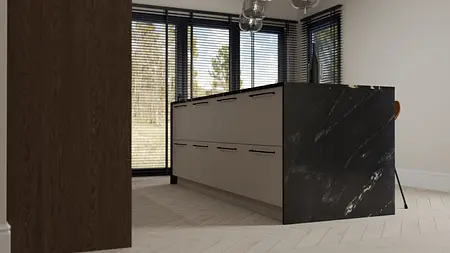 Wnętrze kuchni z minimalistycznymi meblami, nowoczesny design, brązowe akcenty.