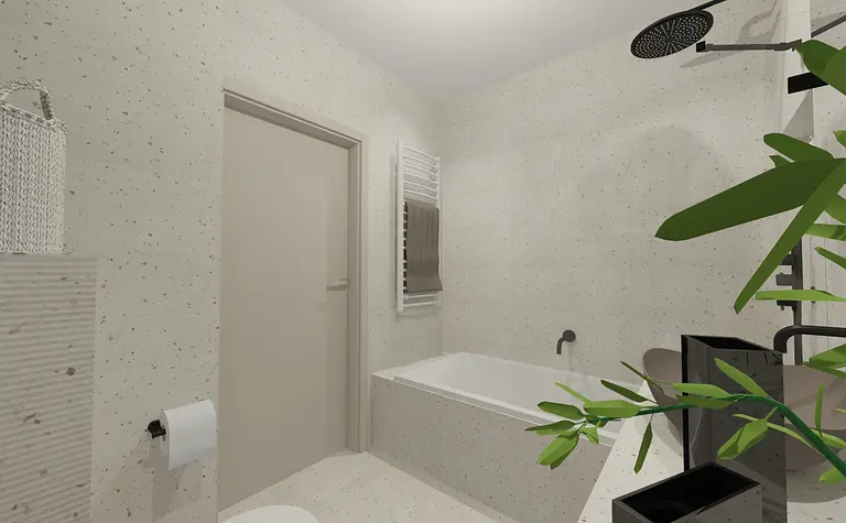 Wnętrze łazienki z wanną, roślinami i minimalistycznym designem.