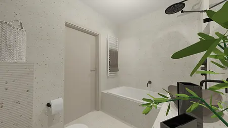 Wnętrze łazienki z wanną, roślinami i minimalistycznym designem.