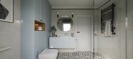 Nowoczesna łazienka z niebieskimi meblami i ceramiczną podłogą.